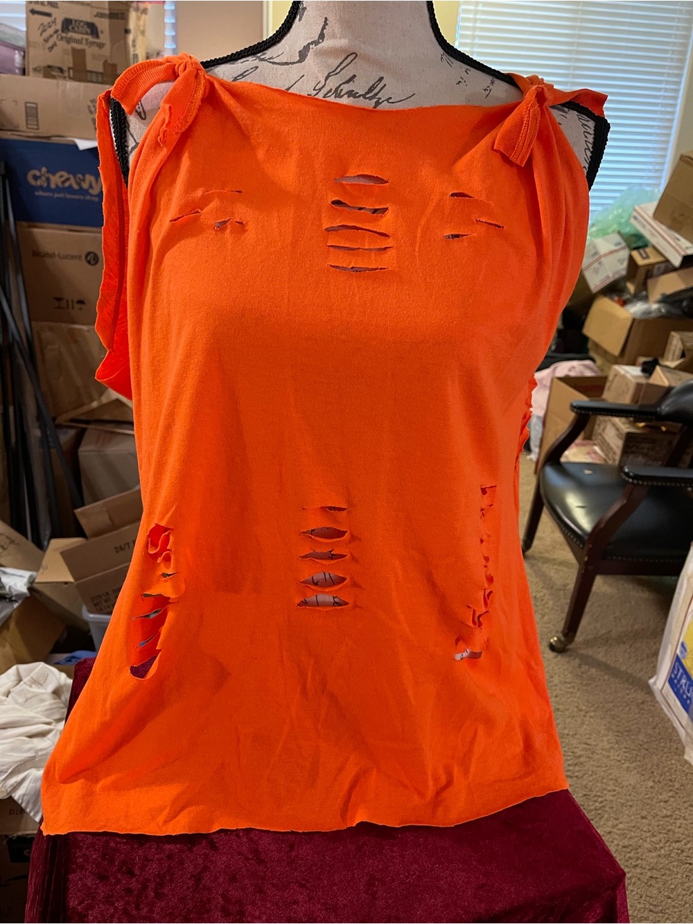 Distressed Tie-Shoulder Sleeveless Top - Orange